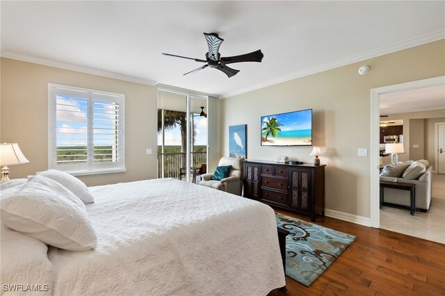 4761 W Bay Blvd Unit 403, Estero, FL 33928 - bedroom with crown molding, access to exterior, wood finished floors, ceiling fan, and baseboards