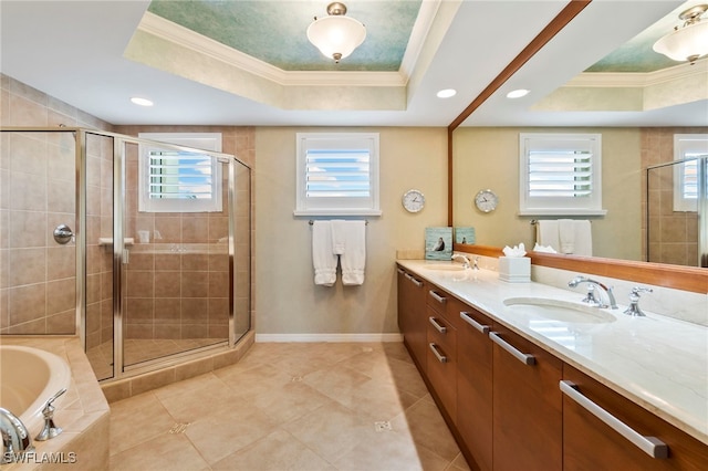 bathroom featuring ornamental molding, vanity, and a tray ceiling