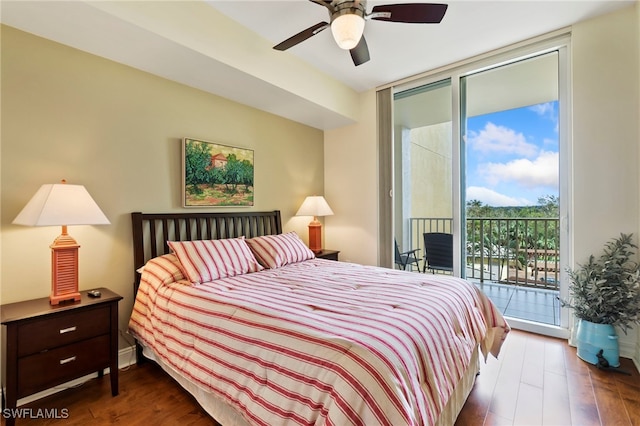 bedroom featuring access to exterior, dark wood-type flooring, floor to ceiling windows, and ceiling fan