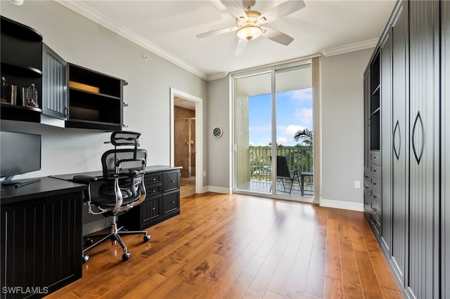 office space featuring crown molding, floor to ceiling windows, ceiling fan, and light wood-type flooring