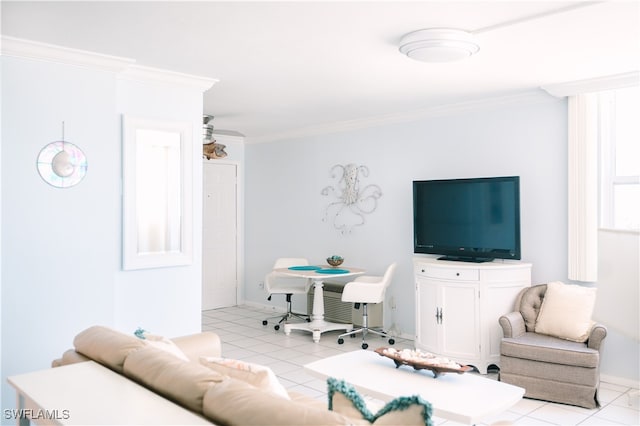 living room featuring crown molding and light tile patterned floors