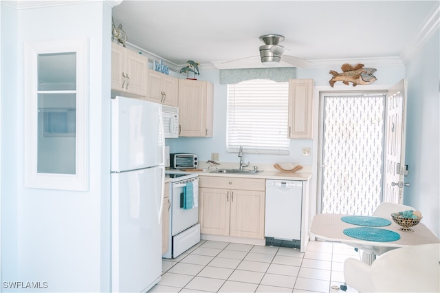 kitchen featuring ceiling fan, light tile patterned flooring, crown molding, sink, and white appliances