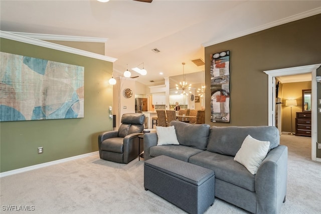 living room with carpet floors, lofted ceiling, crown molding, and a notable chandelier