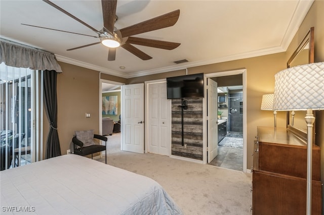 bedroom featuring a closet, crown molding, light colored carpet, and ceiling fan