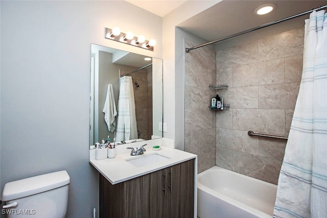 full bathroom with vanity, toilet, and shower / bathtub combination with curtain