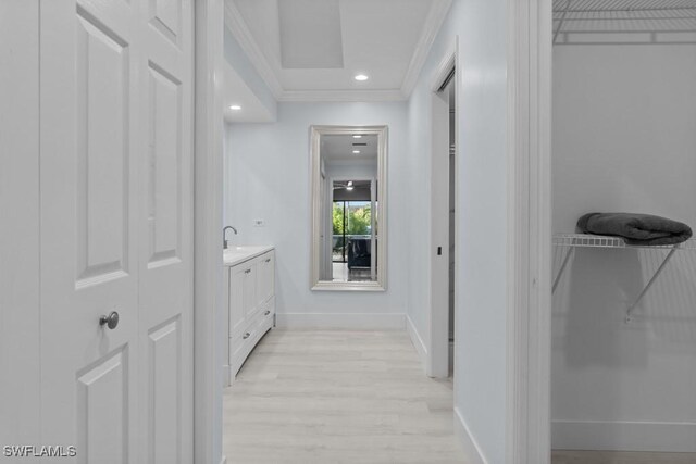 bathroom featuring wood-type flooring, vanity, and ornamental molding