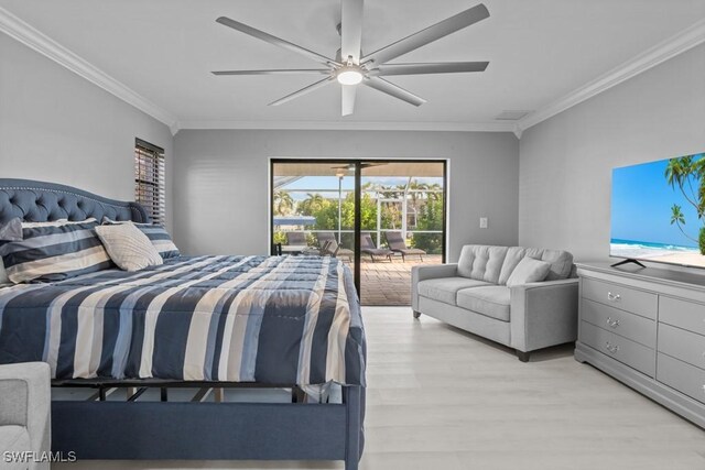 bedroom with access to exterior, ceiling fan, crown molding, and light wood-type flooring