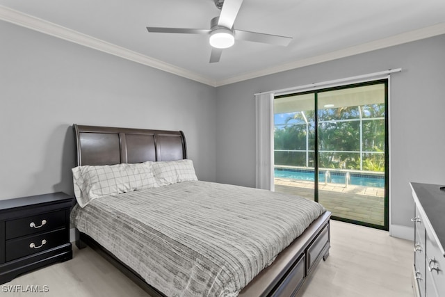 bedroom with ceiling fan, light hardwood / wood-style floors, crown molding, and access to outside