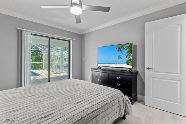 bedroom with access to outside, ceiling fan, and crown molding