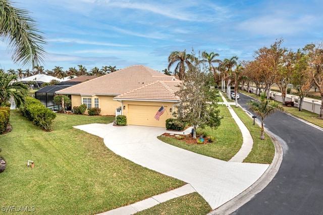 single story home with a garage, a front yard, and glass enclosure