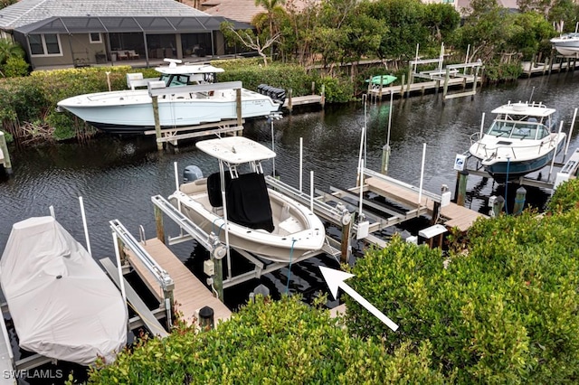 view of dock with a water view