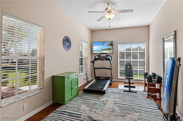 exercise area featuring a healthy amount of sunlight, dark wood-type flooring, and ceiling fan