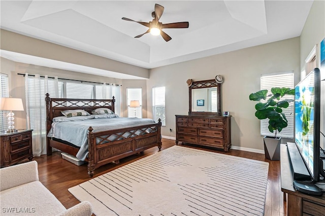 bedroom with a raised ceiling, dark wood-type flooring, ceiling fan, and multiple windows