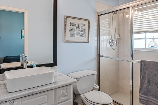 bathroom with toilet, vanity, and a shower with shower door