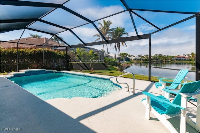 view of swimming pool with a lanai, a patio area, and a water view