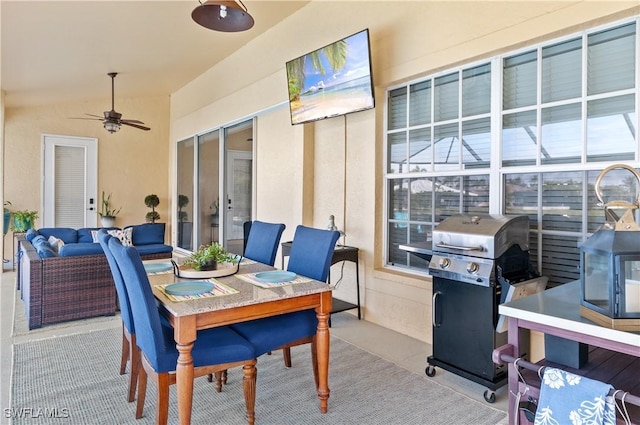 view of patio featuring an outdoor hangout area, grilling area, and ceiling fan