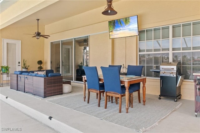 view of patio with ceiling fan, outdoor lounge area, and area for grilling