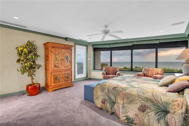 bedroom featuring access to outside, crown molding, a water view, light colored carpet, and ceiling fan