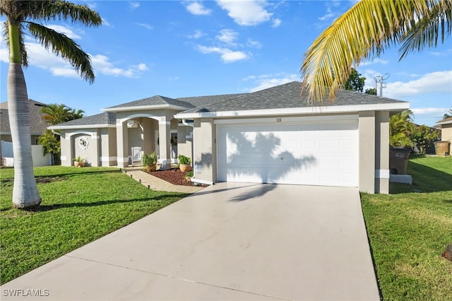 view of front of home with a garage and a front lawn