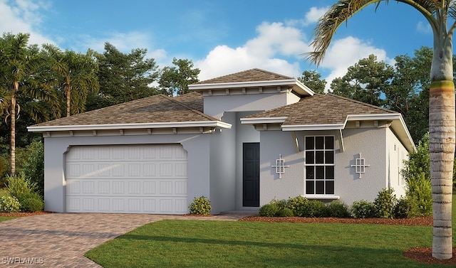 view of front property featuring a garage and a front lawn