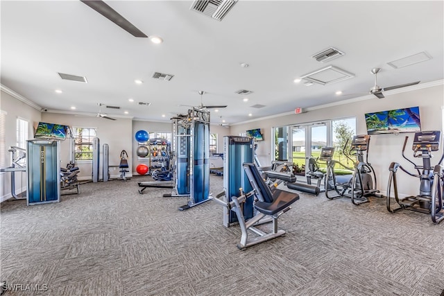 gym with light carpet and crown molding