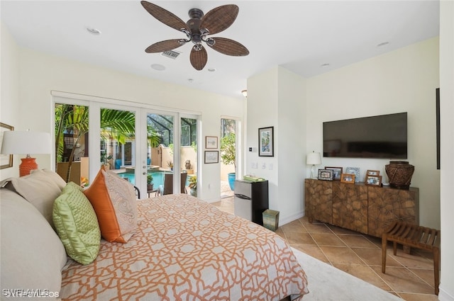 bedroom with ceiling fan, light tile patterned floors, access to outside, and french doors