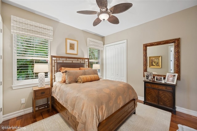 bedroom featuring ceiling fan, a closet, and wood-type flooring