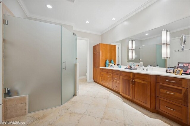 4908 Rustic Oaks Cir, Naples, FL 34105 - bathroom featuring vanity, a shower stall, ornamental molding, recessed lighting, and baseboards