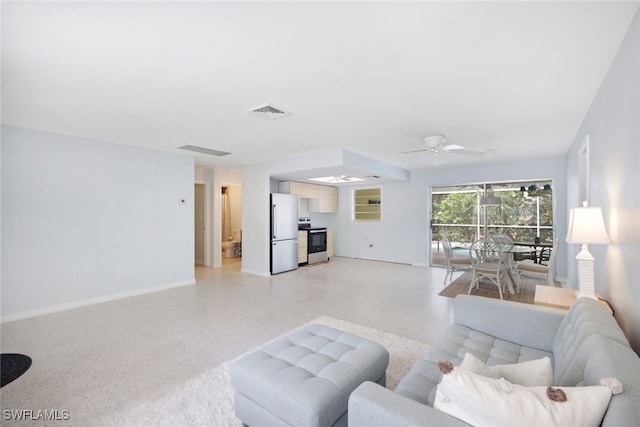 living room with ceiling fan