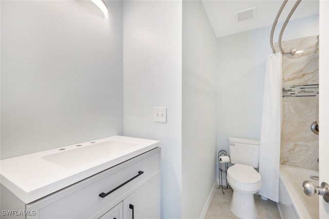 full bathroom with vanity, shower / tub combo, toilet, and tile patterned flooring