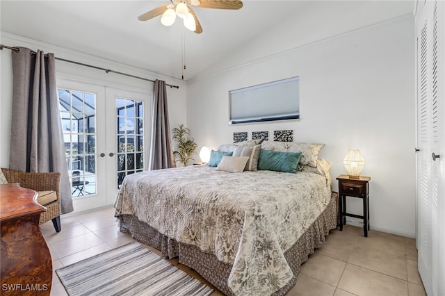 bedroom with lofted ceiling, access to outside, light tile patterned floors, ceiling fan, and french doors