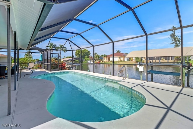 view of swimming pool featuring a lanai, a patio area, a boat dock, and a water view