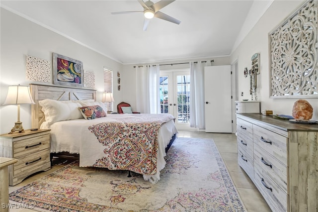 tiled bedroom with french doors, ceiling fan, access to exterior, and crown molding