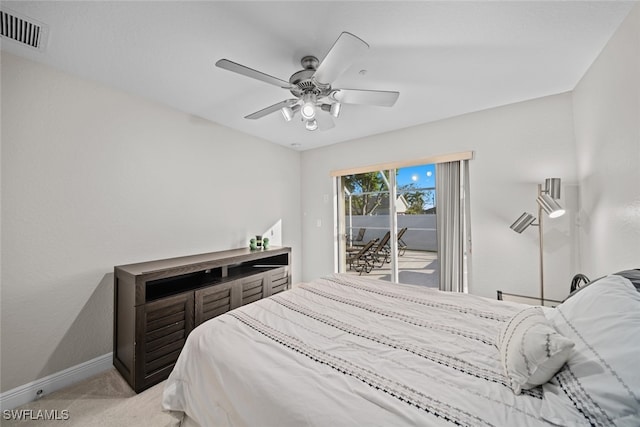 bedroom with access to exterior, light carpet, and ceiling fan