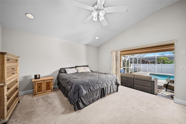 bedroom with light carpet, vaulted ceiling, and ceiling fan