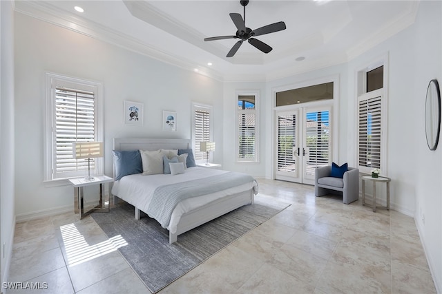 bedroom with access to outside, french doors, crown molding, a tray ceiling, and ceiling fan