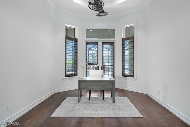 office space with ornamental molding and dark wood-type flooring