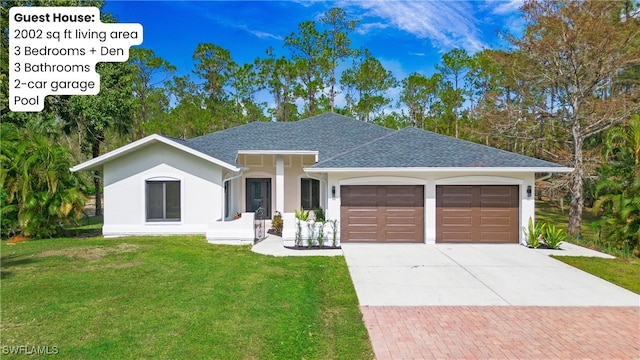 single story home featuring a front yard and a garage