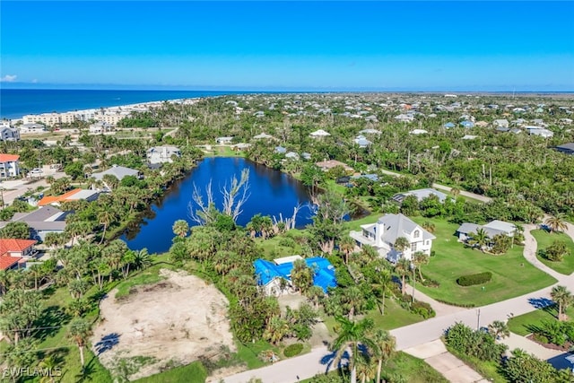 drone / aerial view featuring a water view