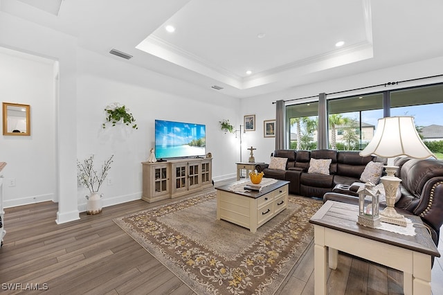 living room featuring hardwood / wood-style floors, crown molding, and a raised ceiling