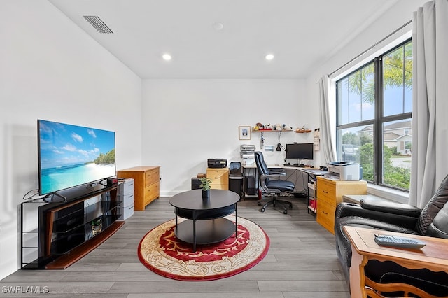 office space featuring light hardwood / wood-style floors and a healthy amount of sunlight