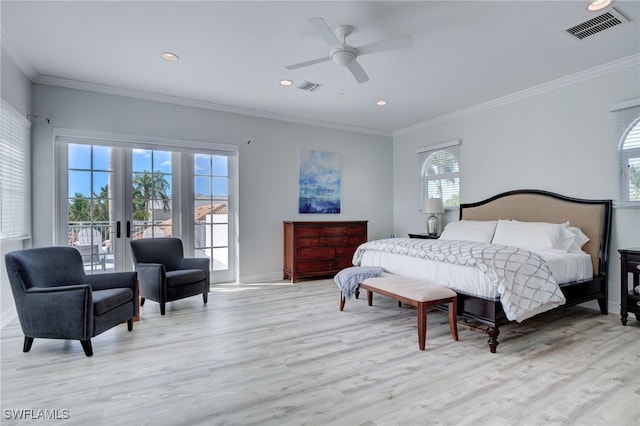 bedroom featuring ceiling fan, access to exterior, ornamental molding, and light hardwood / wood-style flooring