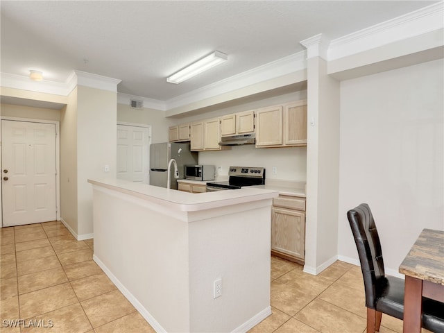 kitchen featuring light brown cabinetry, stainless steel appliances, ornamental molding, light tile patterned floors, and a center island with sink