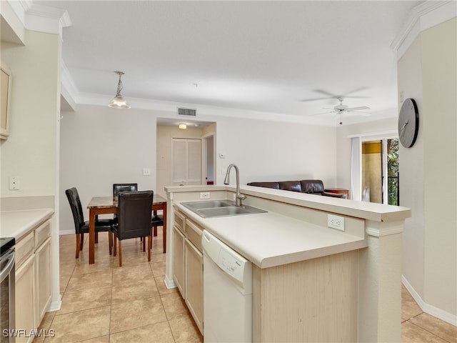 kitchen with an island with sink, hanging light fixtures, white dishwasher, sink, and crown molding