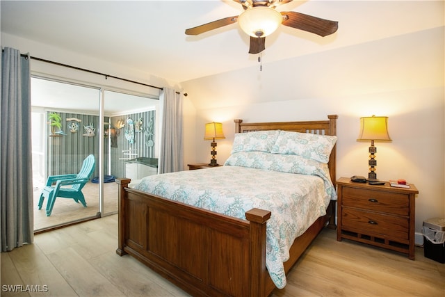 bedroom with ceiling fan, vaulted ceiling, light hardwood / wood-style flooring, and access to exterior