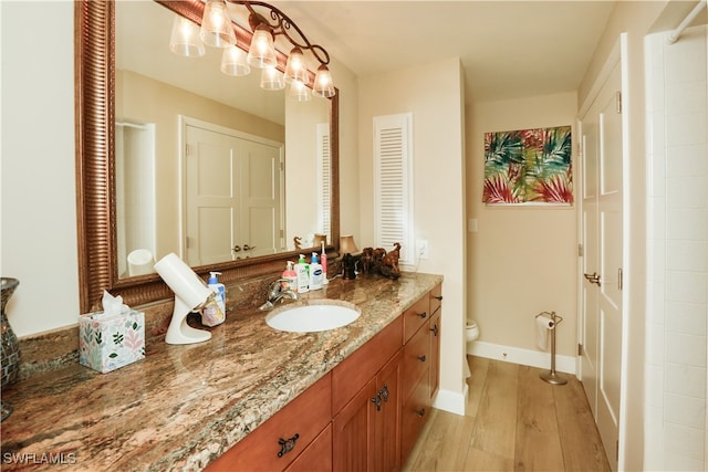 bathroom with vanity, toilet, and wood-type flooring