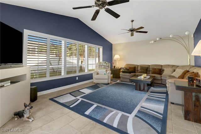 tiled living room with lofted ceiling and ceiling fan