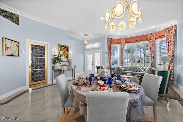 dining area with french doors, a chandelier, and ornamental molding