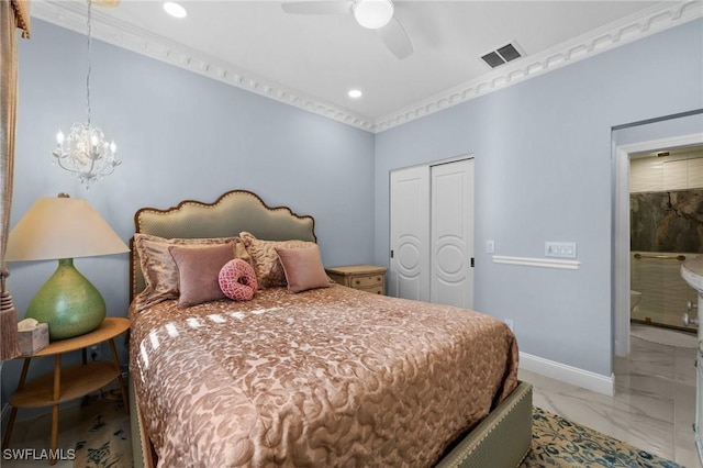 bedroom featuring a closet, ceiling fan with notable chandelier, and ornamental molding