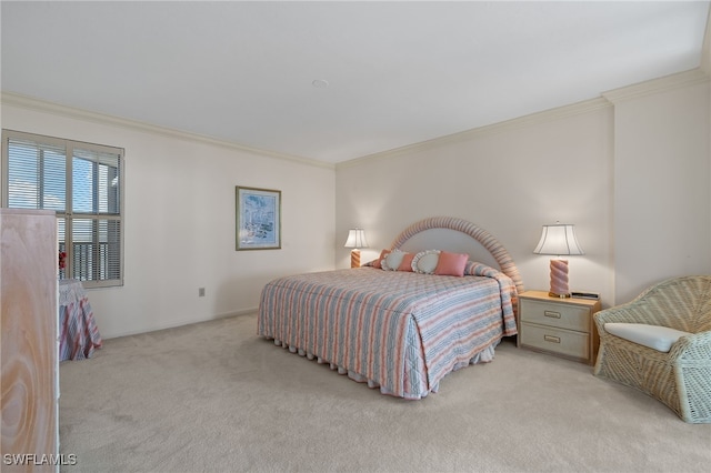 bedroom with light carpet, baseboards, and ornamental molding